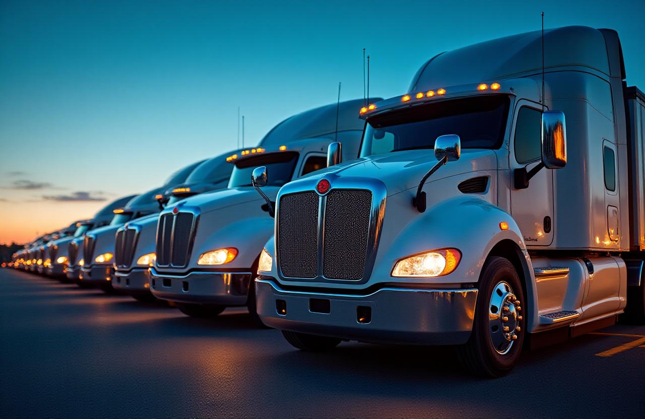 Trendflow Supply Chain Inc truck fleet on Centennial highway at dusk