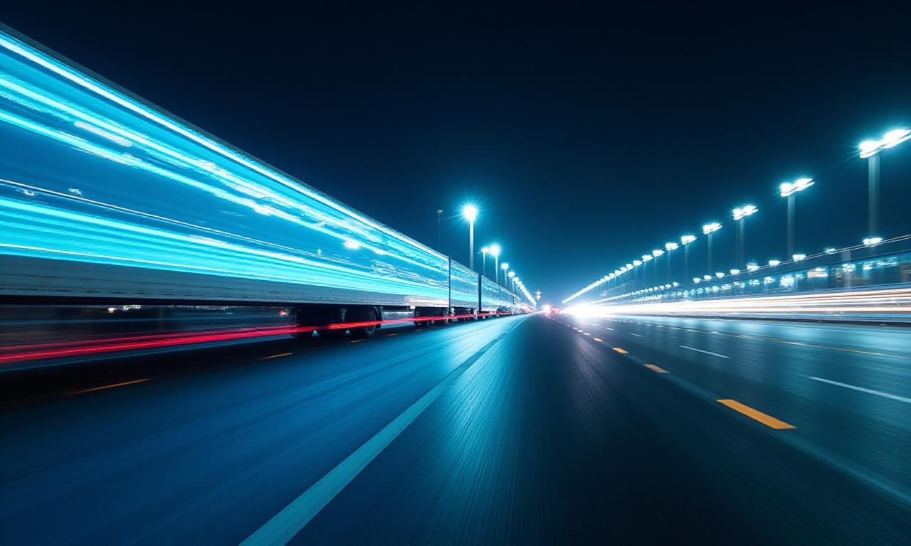 Logistics hub at night with glowing trails