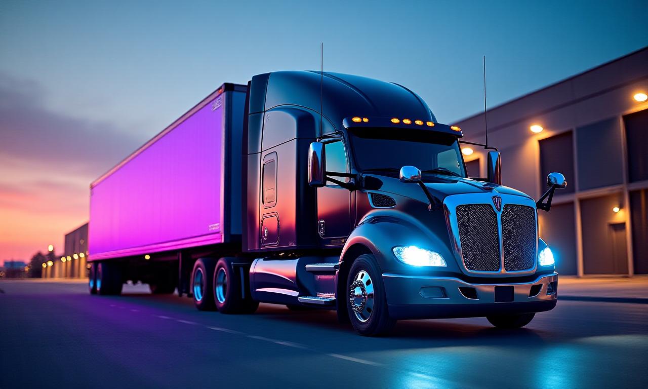 Modern semi-truck parked at sunset with dramatic lighting